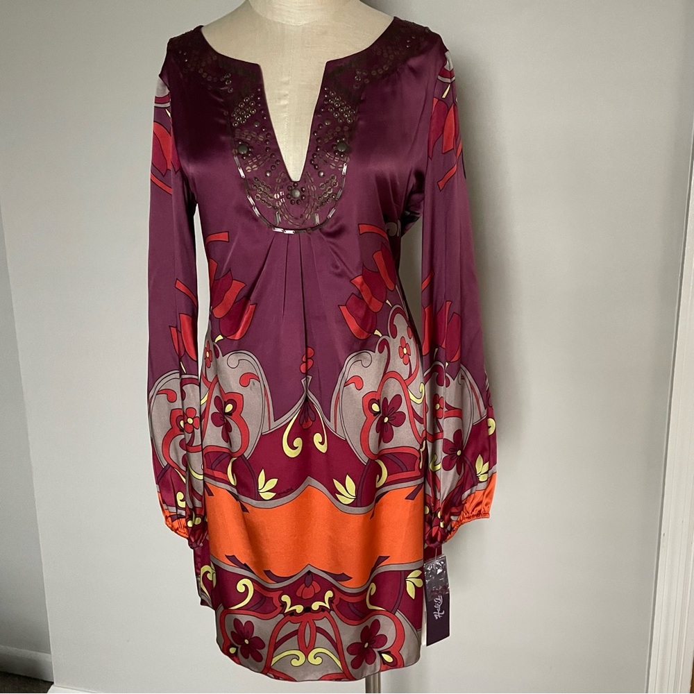 Hale Bob burgundy print long sleeve silk spandex blend dress size M
